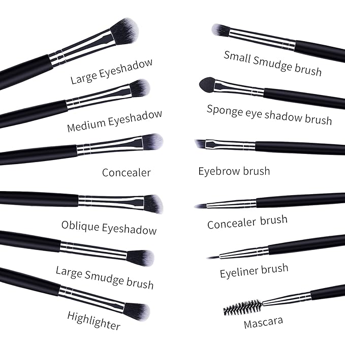 MSQ Eye Makeup Brushes 12pcs Eyeshadow Makeup Brushes Set with Soft Synthetic Hairs & Real Longer Wood Handle for Eyeshadow, Eyelash,Eyebrow, Eyeliner, Blending, Conclear(Black)-Velvo Beauty