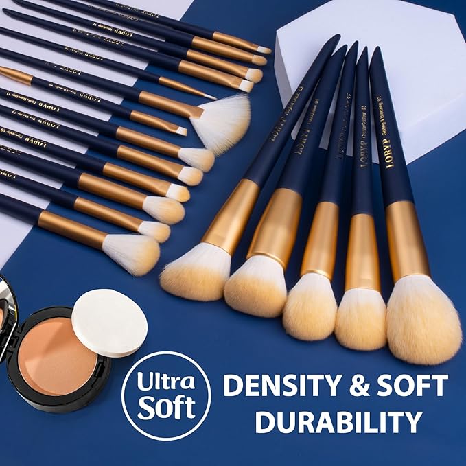 LORYP Makeup Brushes Set Labeled 18 Piece Face and Eye Brush Set Ultra soft hair Foundation, Concealer, Blush, Contour, Blending, Eyeshadow Blue Brush kit-Velvo Beauty
