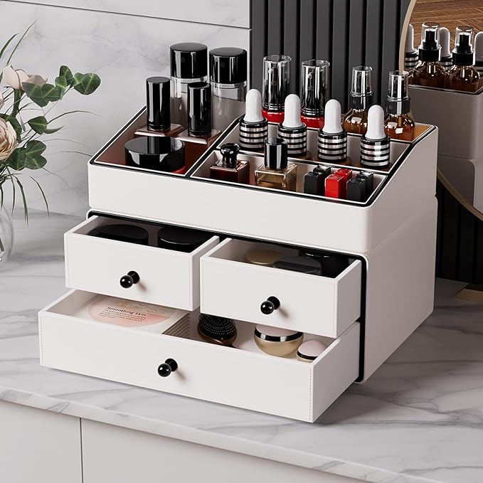 GORESE Leather Makeup Organizer with Drawers for Vanity, Stackable Skincare Holder Dresser Organizer Countertop, Make Up Storage Organizers Counter Cosmetic Display Case Gifts for Women(Cream White)-Velvo Beauty