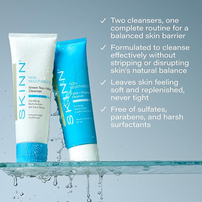 SKINN Day & Night Face Wash for Women & Men - Refreshing Green Tea & Mint Infusion, Nourishing Olive & Enzyme Formula - Complete AM/PM Cleanser Set for Hydrated-Velvo Beauty