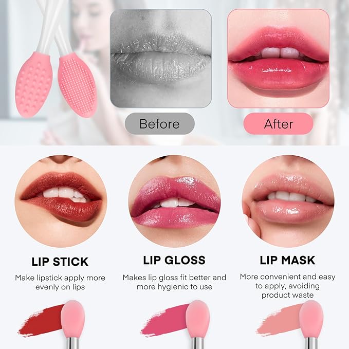 Unaone Lip Scrub Brush - 2 PCS Dual-ended Lip Scrubber Exfoliator and Silicone Lip Brush, 3-in-1 Silicone Lip Scrub Tool Lip Mask Applicator, Gentle Exfoliator & Applicator for Soft-Velvo Beauty