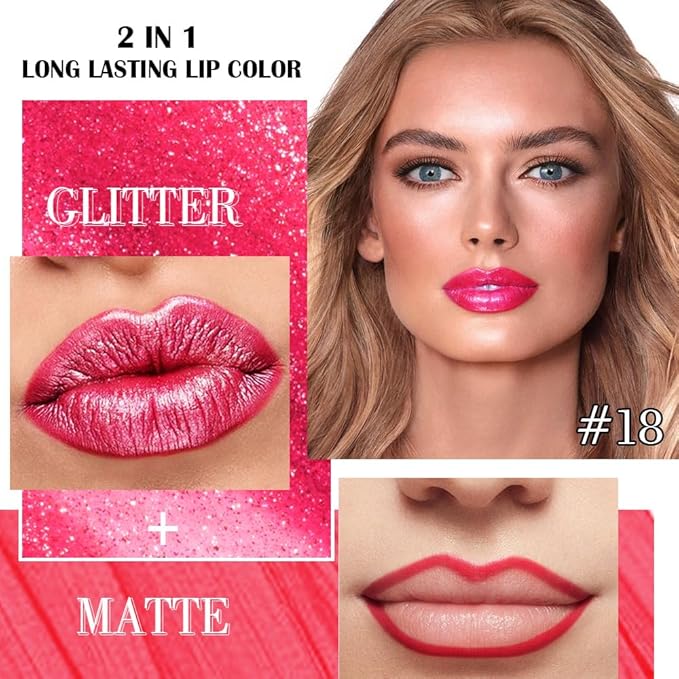 evpct Crushed Ruby Red Metallic Glitter Lip Liner and Lipstick Combo Lip Gloss Stain Set Makeup for Women Long Lasting Waterproof 24, Red Frosted Metallic Shimmer Glossy iridescent Liquid Lipstick 18-Velvo Beauty