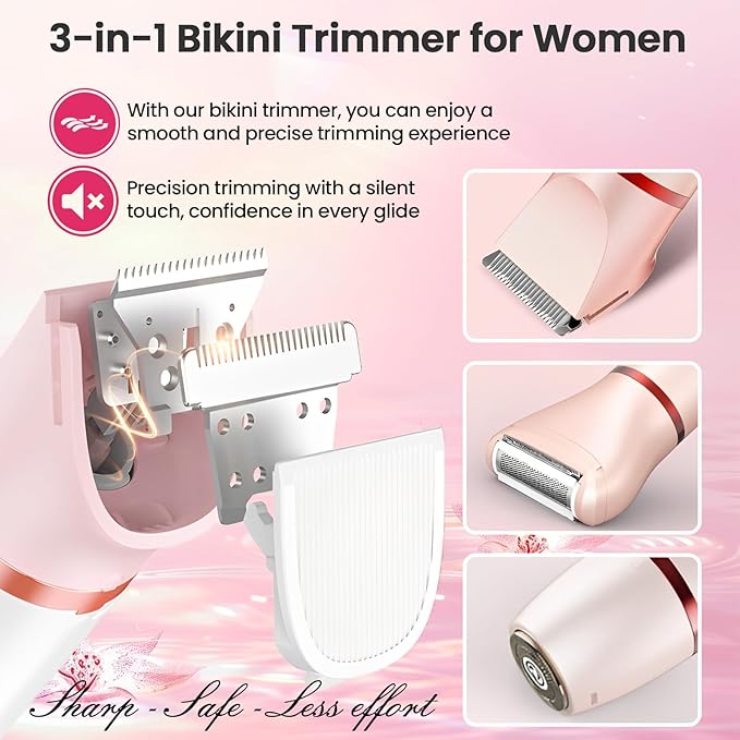 Bikini Trimmer Electric Razors for Women - 3 in 1 Electric Shaver for Women, Waterproof Pubic Hair Trimmers and Facial Hair Remover, Rechargeable Women's Grooming Kit-Velvo Beauty