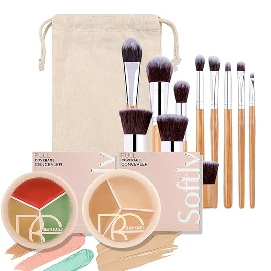 6 Color Correcting Concealer Kit with 11 Pcs Makeup Brush Kits, Light Color Combination Cream Concealer Palet for Light to Medium Skin Tone, Cover Dark Circles, Bruises, Spots, Blemish-Velvo Beauty