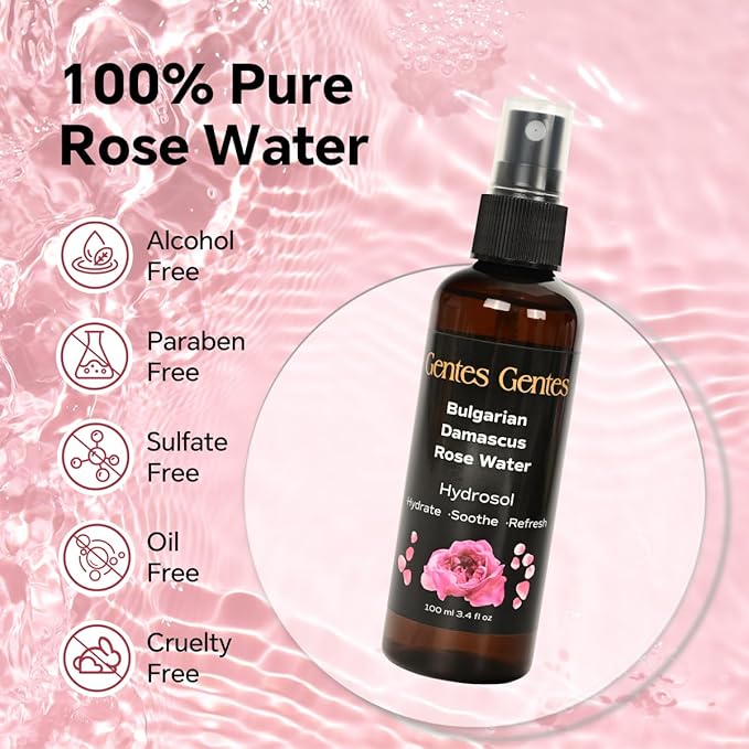 100% Pure Bulgarian Damascus Rose Water Hydrosol – Luxury Facial Toner for Hydration & Radiant Skin, Body Mist & Pillow Spray | Natural Skincare | 3.4 fl oz-Velvo Beauty