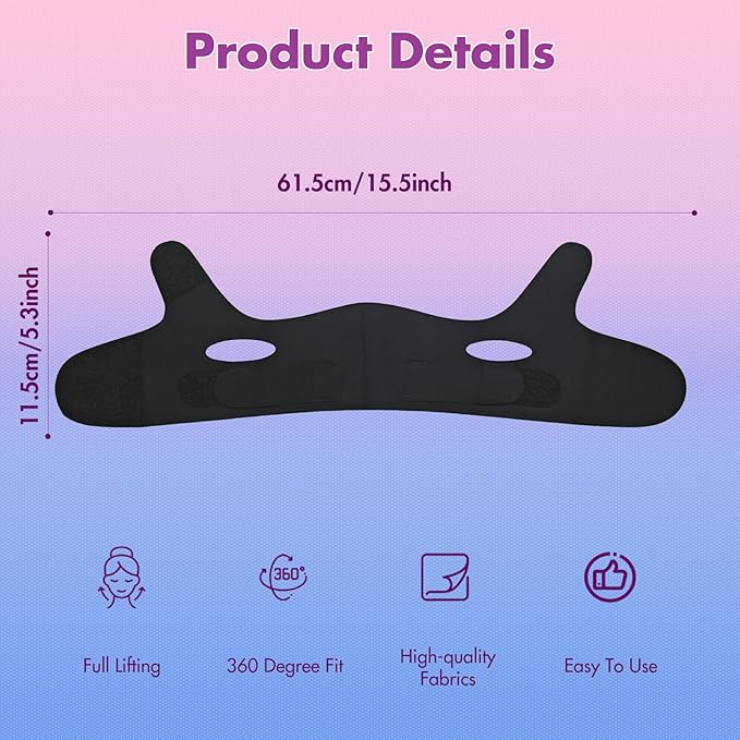 2 Pack Face Slimming Strap, Double Chin Reducer Band, Graphene V-Line Mask Chin Up Mask V Shaped Face Mask Chin strap for sleeping, V-Line Lifting Mask for Women, Medium, Black and Pink-Velvo Beauty