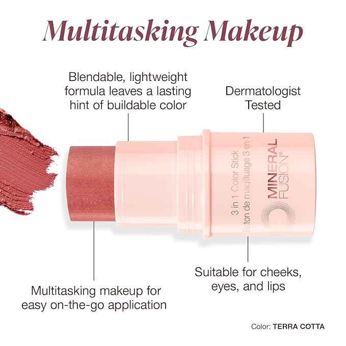 Mineral Fusion 3-in-1 Color Stick, Instant Color Pop and Blush for Cheeks, Creamy Lightweight Formula, Multi-Use Eye, Face, and Lip Makeup, Terra Cotta-Velvo Beauty
