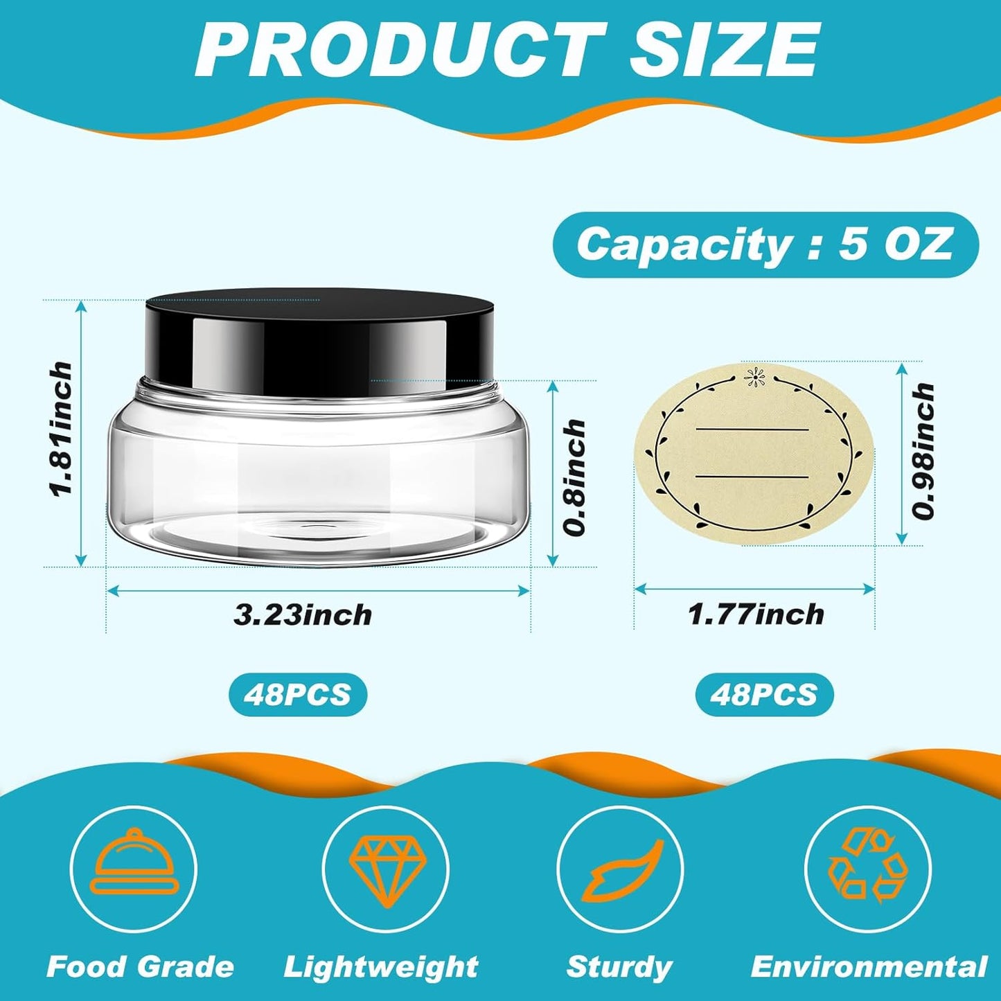 Tessco 48 Pcs Plastic Jars with Lids and Labels Body Scrub Jars Round Refillable Cosmetic Containers Empty Butter Travel Containers for Sugar Scrub Lotions Cosmetics Cream (5 oz,Clear)-Velvo Beauty