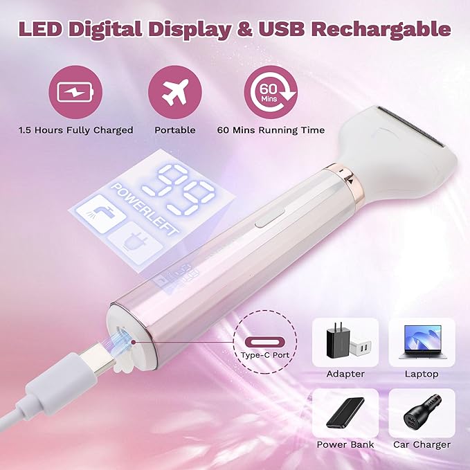 Electric Razors Shaver for Women, 5 in 1 Bikini Trimmer for Women, Wet/Dry Womens Electric Razor Shavers, Face Razor for Face Nose Eyebrow Arms Armpit Legs Pubic Area, Facial Hair Removal-Velvo Beauty