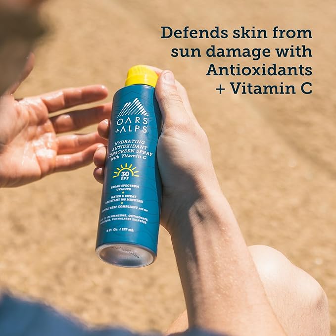 Oars + Alps Hydrating SPF 30 Sunscreen Spray, Naturally Derived Skin Care Infused with Vitamin C and Antioxidants, Water and Sweat Resistant, 6 Oz, 1 Pack-Velvo Beauty