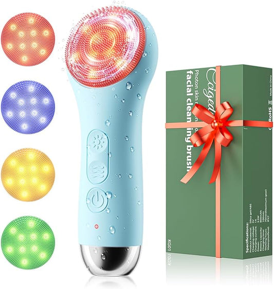 Facial Cleansing Brush: Rechargeable LED Electric Face Cleansing Brush with 4 Gentle Light Liquid Silicone Modes Face Scrubber Exfoliator,IPX7 Waterproof Ideal Gift for Men and Women-Blue-Velvo Beauty