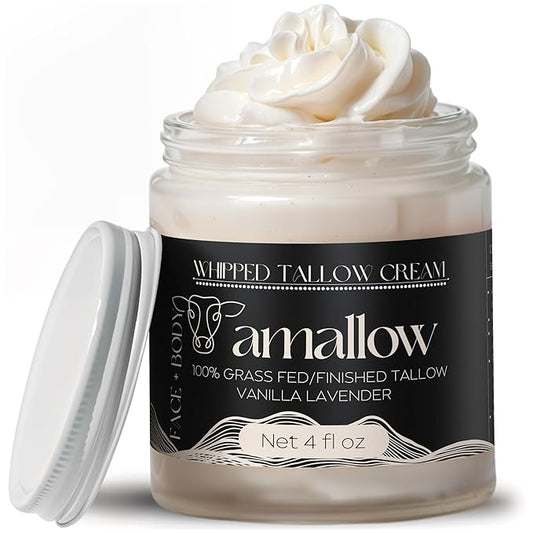 Amallow 100% Grass Fed Beef Tallow for Skin Care - Face + Body - Whipped Moisturizer - Natural Lotion, 4 FL. oz. (Vanilla Lavender)-Velvo Beauty