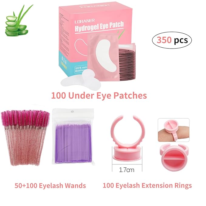 350 PCS Under Eye Gel Pads,Eyelash Mascara Brushes,Holder Eyelash Extension Rings - 100% Naturel Lint Free,Comfy and Cool,Eyelash Extension Eye Pads,Hydro gel Eye Patches Beauty Tool(Pink)-Velvo Beauty