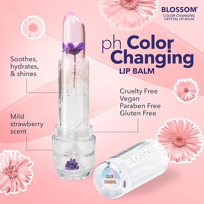 Blossom Moisturizing Custom Color Changing Crystal Lip Balm Strawberry Scented Lip Stain Tint, Mini Coconut Rollon Scented Lip Gloss, Infused with Real Flowers, 2 pk, Coconut/Purple-Velvo Beauty