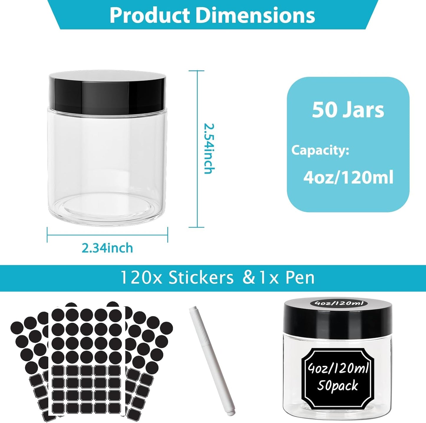 4 oz Clear Plastic Round Jars with Black Lids, 50pcs 4oz 120ml Leak-Proof Wide-Mouth Cosmetic Storage Containers for Kitchen Use, Beauty Products, Cream, Scrubs, Bath Salt and More-Velvo Beauty