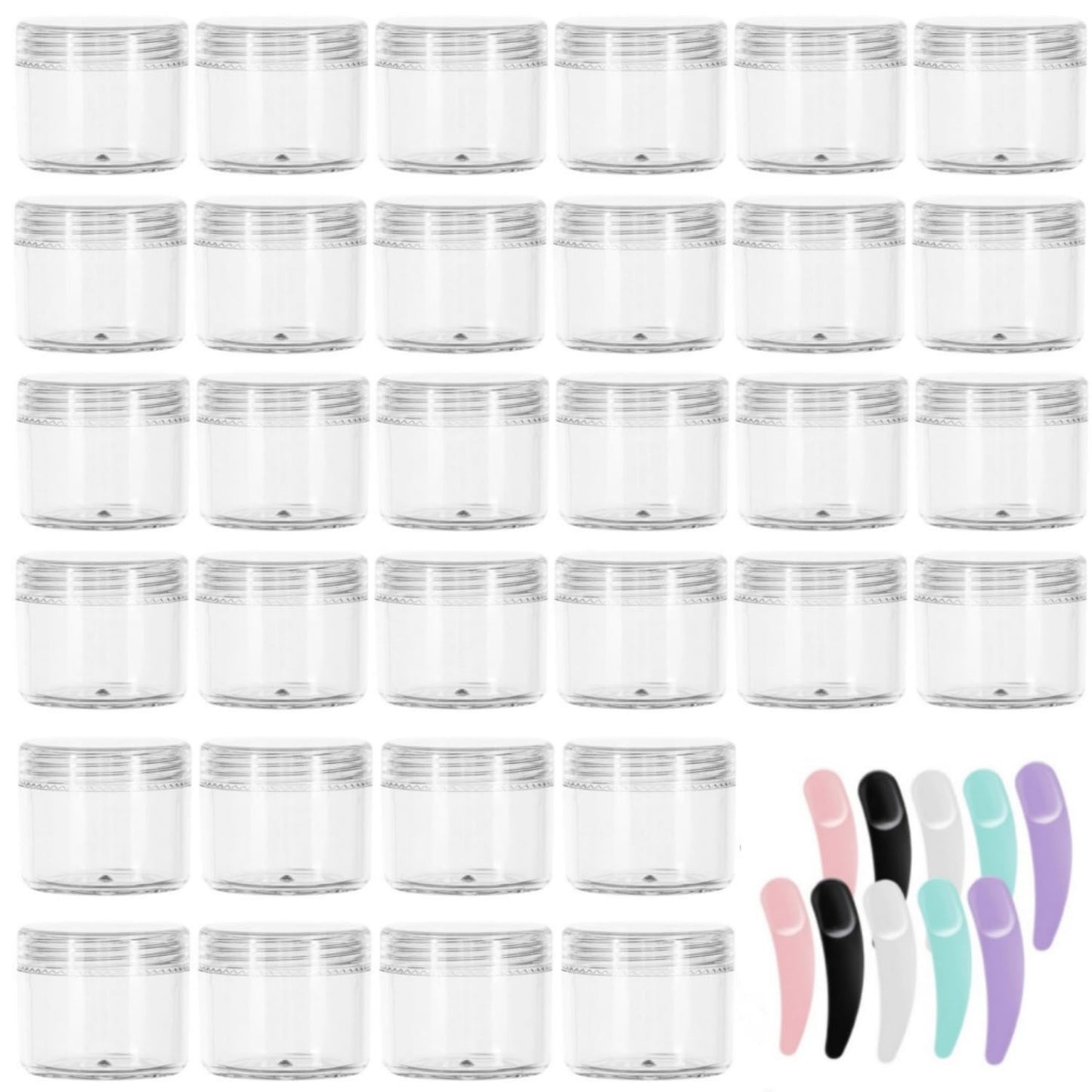 Refillable Cosmetic Sample Jars - 100 Pack 20g (0.7oz) Clear Small Travel Containers with Lids + 10 Mini Makeup Spatulas - BPA Free-Velvo Beauty