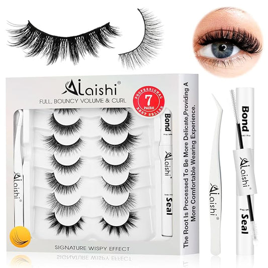 Wispy False Eyelashes Kit With Bond, Seal and Tweezer, 7 Pairs Natural Look Fake Cat Eye Lashes Strips Thin Band Extensions Waterproof Easy Eyelashes for Beginners RQ7Variety Mix-Velvo Beauty