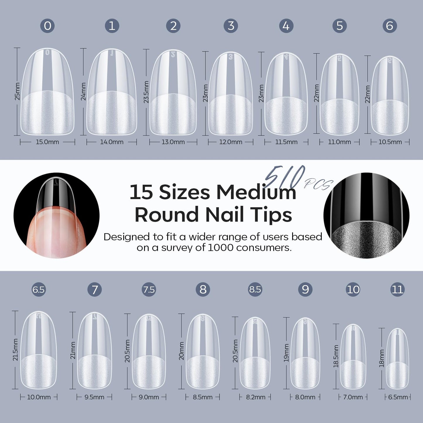 Modelones Medium Round Oval Fake Nail Tips - 510Pcs Gel Tips Pre-shaped Half Matte Full Cover Clear Acrylic Gel Kit False Press on Nails for Extension DIY Salon 15Sizes-Velvo Beauty