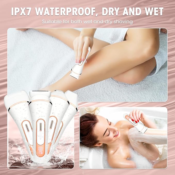 Electric Shavers for Women, 4 in 1 Hair Removal Kit with Epilator Bikini Trimmer Face Razor Body Brush Face Massager Foot Callus Remover, IPX7 Waterproof Lady Razors Set for Legs Armpit Bikini Pubic-Velvo Beauty