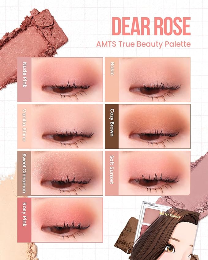 AMTS True Beauty Dear Rose Eyeshadow Palette, Matte Shimmer Glitter Highly Pigmented, Long Lasting, Cheek blush, K Beauty, Korean makeup-Velvo Beauty