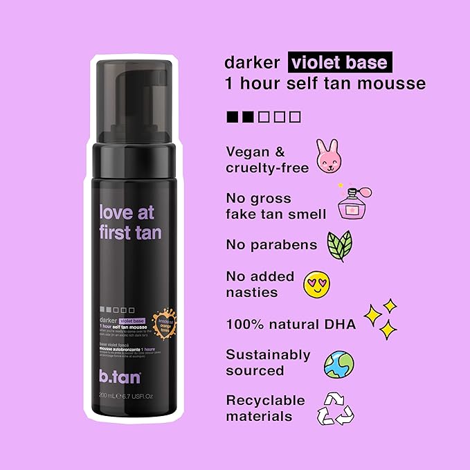 b.tan Violet Base Self Tanner Mousse | Love At First Tan - Best, 1 Hour Express Sunless Tanning Foam, Cancels Orange Tones, Dark Bronzing Glow, No Fake Tan Smell, Face & Body, 6.7 Fl Oz-Velvo Beauty