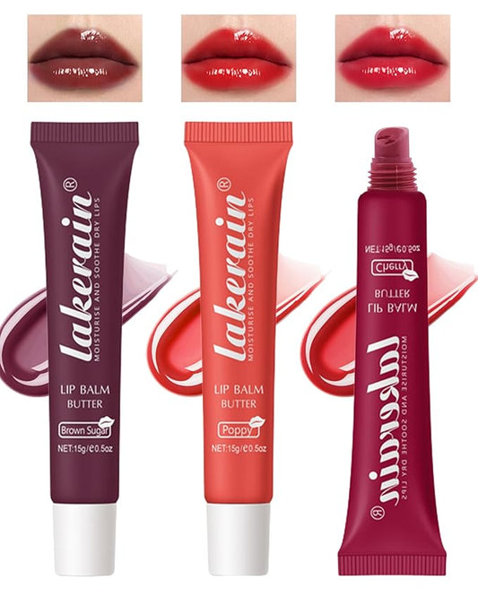 Tinted Lip Butter Balm-3 Colors Vanilla Beige Brown Poppy Pink Sugar Glossier Lip Gloss, Jelly Yummy Lip Stain Balm,Long Lasting Hydrating Non-Sticky Glow Reviver Fat Lip Care Oil for Women-Set B-Velvo Beauty