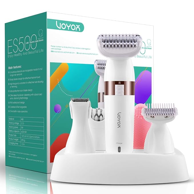 VOYOR Electric Shaver for Women Bikini Trimmer Hair Remover for Face Body, 5 in 1 Groomer Kit Lady Shaver Bikini Razor Women for Hair Trimmer, Cordless Rechargeable Waterproof ES500-Velvo Beauty
