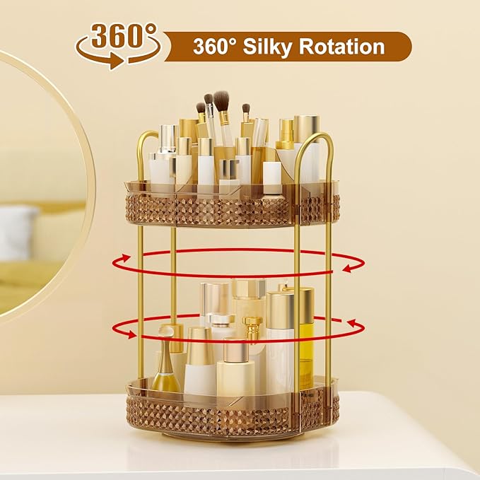 360° Rotating Makeup Organizer 2 Tier, Large Skincare Clear Make Up Storage Spinning Perfume Organizers for Bathroom Counter Dresser, Pink-Velvo Beauty
