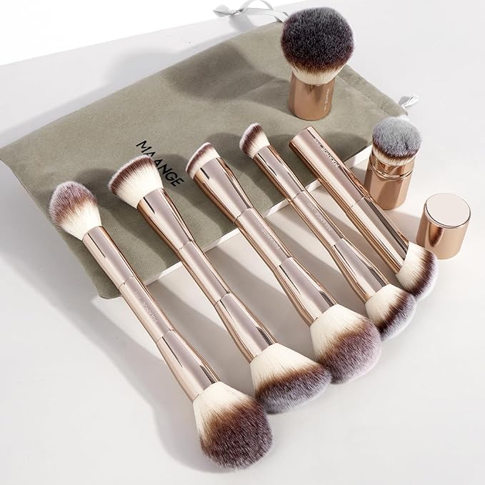 MAANGE 7pcs Makeup Brush Set Double Sided Kabuki Makeup Brushes Contour Brush for Foundation Liquid Powder Concealer Cream Cosmetics Bronzer Blending Blush Buffing Makeup Tools (Gold)-Velvo Beauty