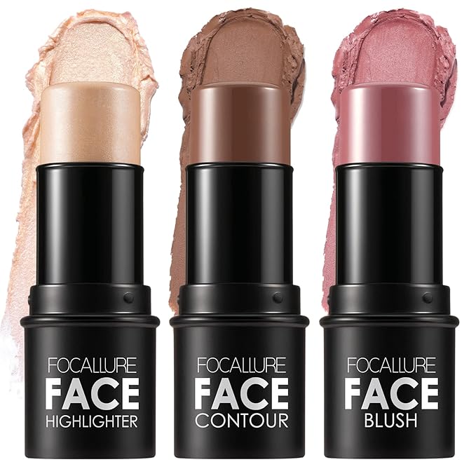 FOCALLURE 3 Pcs Cream Contour Sticks,Shades with Highlighter & Bronzer & Blush,Non-greasy Long-wear Face Contouring Pen,Easy to Sculpt the Face and Create a Lightweight Finishing Makeup,TAN-Velvo Beauty