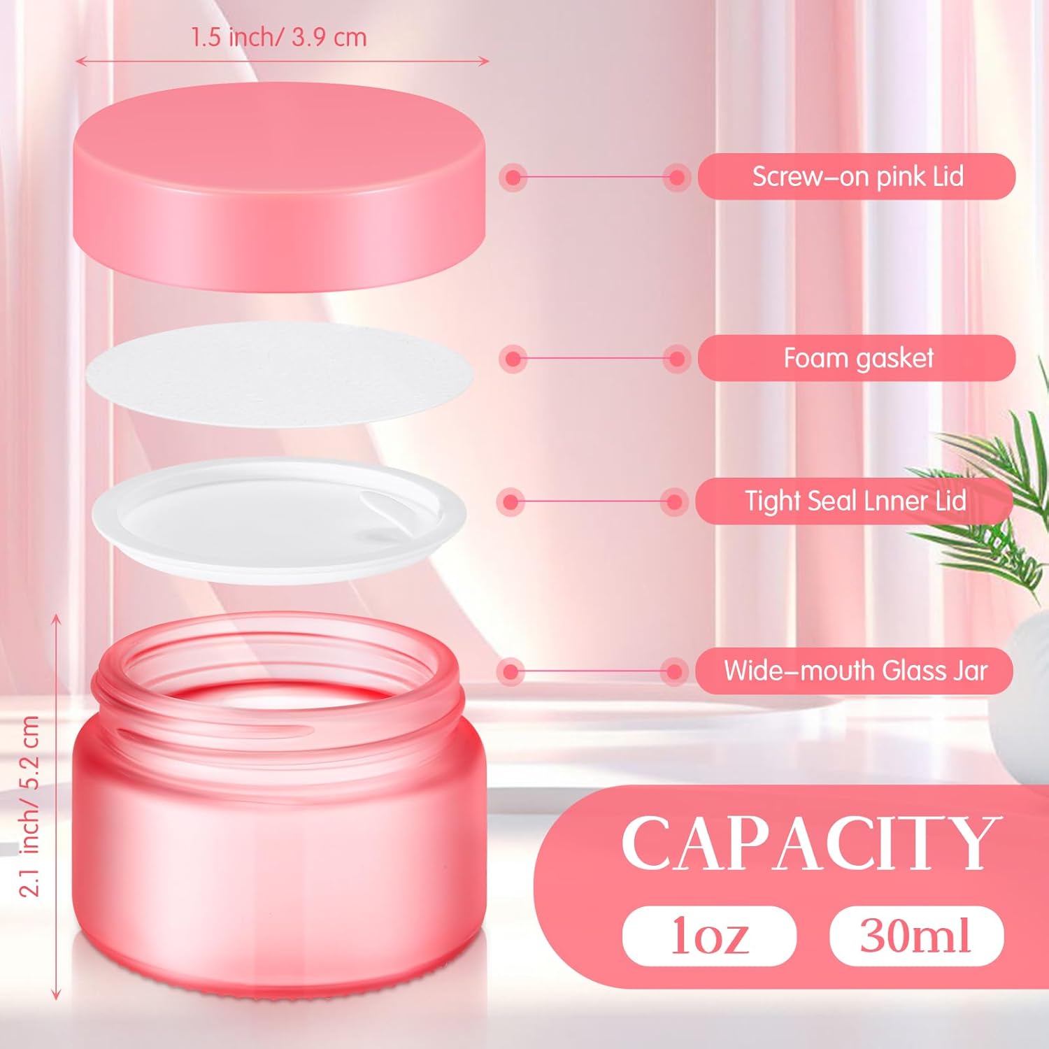 Domensi 100 Pcs 1 oz Glass Jars with Lids Bulk Round Glass Cosmetic Jars Lids 1 oz Small Travel Containers with Inner Liner for Lotions Powders Ointments Sample Cream (Pink,Pink)-Velvo Beauty