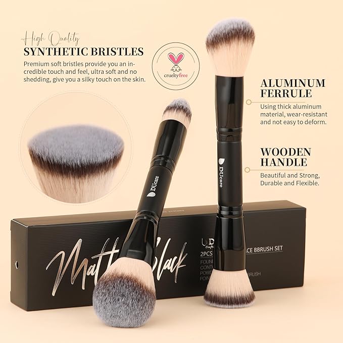 DUcare Makeup Brushes Duo End Foundation Contour Powder and Buffer Brush Bronzer Double Makeup Brush Set 2Pcs black-Velvo Beauty