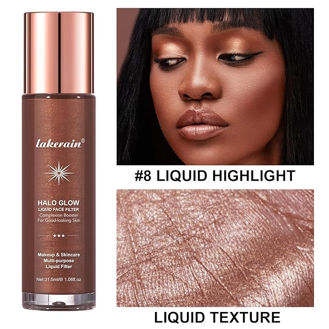 Natural Glow Liquid Filter Makeup, Longwear Face Luminizer, Complexion Booster For Any Part of the Body, Liquid Highlighter with Brush Kit, Infused Hyaluronic Acid, 1.06 fl oz (#08 RICH)-Velvo Beauty
