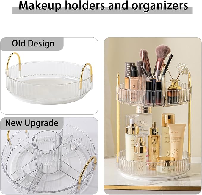 Rotating Makeup Organizer for Vanity, High-Capacity Skincare Clear Make Up Storage Perfume Organizers Cosmetic Dresser Organizer Countertop 360 Spinning (Clear, New-2 Tier)-Velvo Beauty
