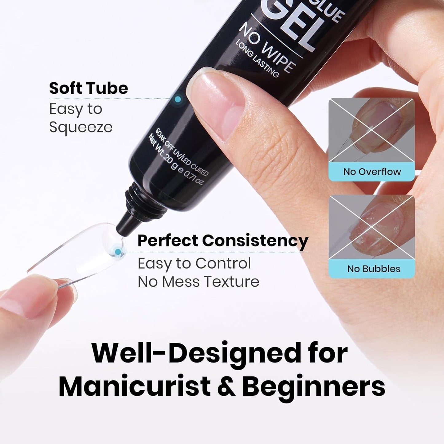 Beetles 20g Solid Nail Glue Gel - No Wipe, Hands-Free Soft Nail Tips Glue for Fake Acrylic Nails, Press On Nails, Nail Extensions, 3D Nail Art, Soak Off Nail Lamp Long-Lasting, Beginner-Friendly-Velvo Beauty