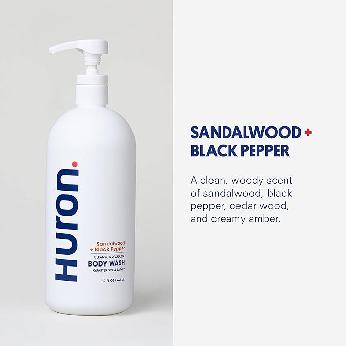 Huron Men’s Moisturizing Body Wash - Clean & Woody Scent of Sandalwood, Black Pepper, Cedarwood, & Amber - Made With Coconut Oil, Vitamin E & Witch Hazel - Vegan, Cruelty-Free - 32 fl oz-Velvo Beauty
