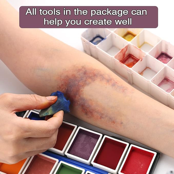 Depvision Alcohol Activated Face Paint SFX Makeup 12 color for Special Effects Wound Bruise Waterproof Professional Makeup Artist with Color Palette Sponges Brushes Skin Illustrator-Velvo Beauty