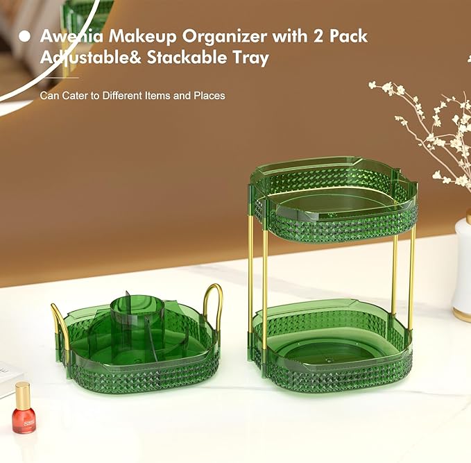 Awenia Rotating Makeup Organizer 360, Stackable Adjustable Large Capacity Cosmetic Storage Unit,Dresser Bathroom Kitchen Countertop Organizer with Metal Handle, Plus Size (Gem Green, 3 Tier)-Velvo Beauty