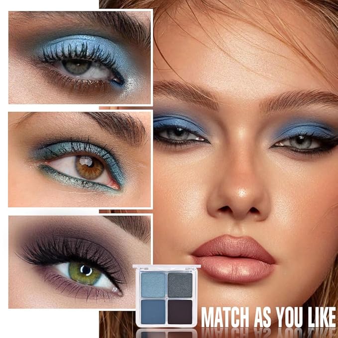 evpct Eyeshadow Quad Palette, Dark Teal Sky Navy Cyan Blue Mauve Purple Taupe Glitter Shimmer Metallic Matte High Pigment Mini Eye Shadow Palette Makeup for older Women Smudge Proof Vegan Cruelty-free-Velvo Beauty
