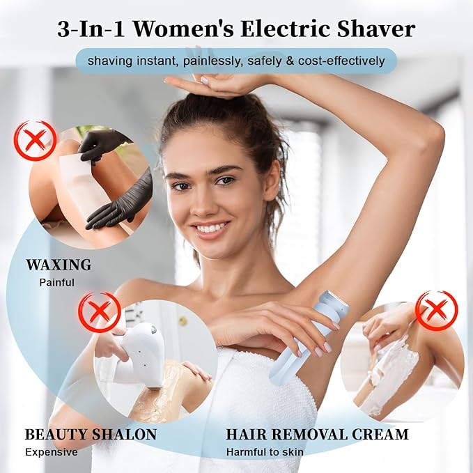 Electric Shaver Razors for Women 2-IN-1 Electric Razor for Womens Legs Underarm Face Pubic Hairs,Wet Dry Use Rechargeable Bikini Trimmer Hair Removal with Detachable Head,Painless IPX7 Waterproof Blue-Velvo Beauty