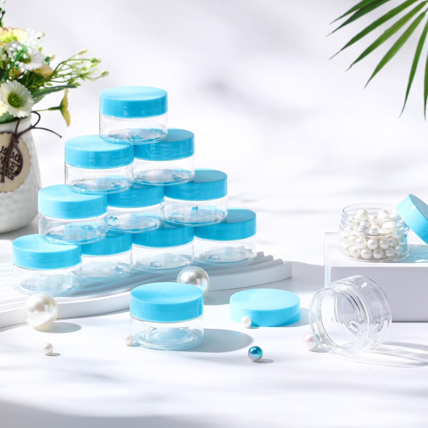SATINIOR 100 Pcs Plastic Jars with Lids Small Containers Lids Wide Mouth Small Plastic Containers for Lotion Cream Rhinestones Body Butters Travel Storage(8 oz, Blue)-Velvo Beauty