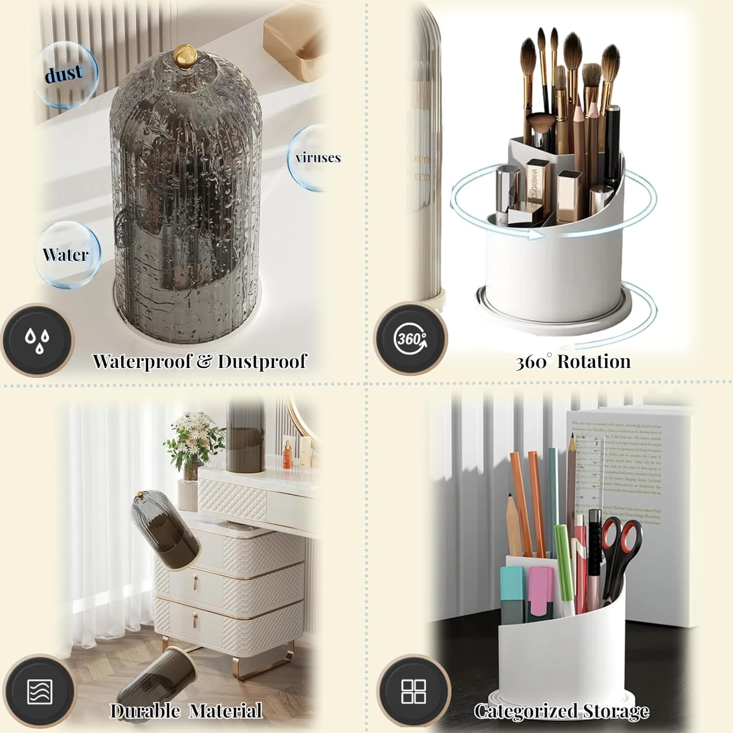 B-H1 Makeup Brush Holder with Dustproof Cover 360 Rotating Makeup Brushes Organizer for Vanity Desktop Bathroom (Gray)-Velvo Beauty