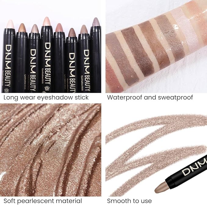8Pcs Cream Eye Shadow Brightener Stick Makeup Set, Champagne Pearl Taupe Bronze Cocoa Stone Putty Smoky Amethyst Shimmer Matte Eyeshadow Eyeliner Pencil Applicator Stick Palette Makeup for Older Women-Velvo Beauty