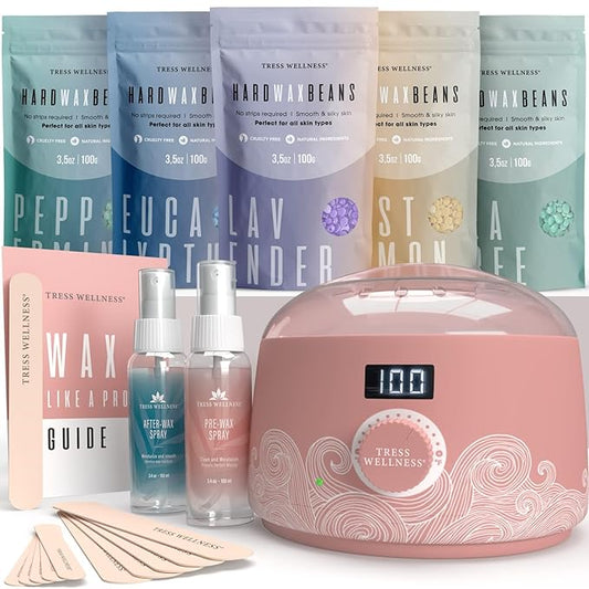 Tress Wellness Waxing Kit for Sensitive Skin – Safe for Face & Skin, Prep & Aftercare Spray, Easy to Use – At-Home Kit for Face, Bikini, Brazilian & Full Body - Digital Display, Dusty Pink Air-Velvo Beauty