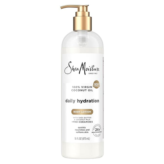 SheaMoisture Daily Hydration Body Lotion with 100% Virgin Coconut Oil, Shea Butter, Coconut Milk and Pro-Ceramides, Quickly Nourish & Soften Skin, 24H Moisturizing 16 oz-Velvo Beauty