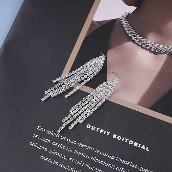 Vintage Rhinestone Chandelier Tassel Earrings Crystal Chain Drop Earrings Gold Long Tennis Chain Earrings Shine Chandelier Bridal Earrings Jewelry for Women-Velvo Beauty