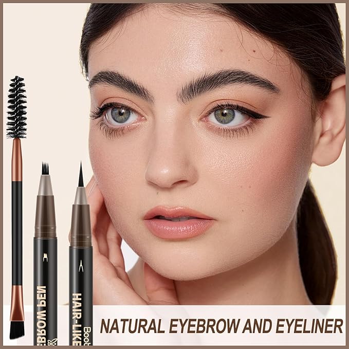 Boobeen 2pcs Waterproof Eyebrow Pen,Dual-Ended Eyeliner Microblading Eyebrow Pencil for Women,Long Lasting Hair-Like Brow Pen with Brow Brush,Dark Brown-Velvo Beauty