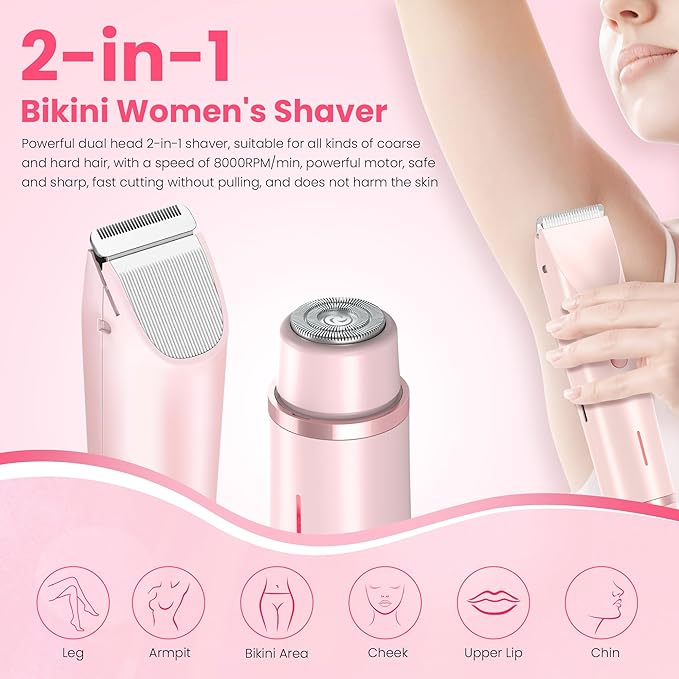 Bikini Trimmer for Women-2 in 1 Dual Head Electric Razors,USB Rechargeable Bikini Electric Shaver,IPX7 Waterproof Dry & Wet Use Body Hair Trimmer and Facial Hair Remover for Underarm Leg Body,Pink-Velvo Beauty