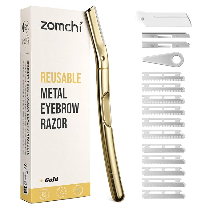 ZOMCHI Dermaplane Razor with 11 Blades for Women & Men, Eyebrow Trimmer with Protective Silicone Cap, Face Razor for Hair Removal - Matte Gold-Velvo Beauty
