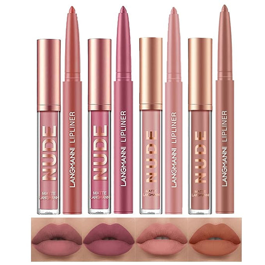 LANGMANNI 4pcs Matte Lipstick with Lipliners Durable Makeup Set,Long-Lasting Non-Stick Cup Not Fade Waterproof Pigmented Velvet Lipgloss Kit Beauty Cosmetics Makeup Gift for Girls(#1+2+8+11)-Velvo Beauty